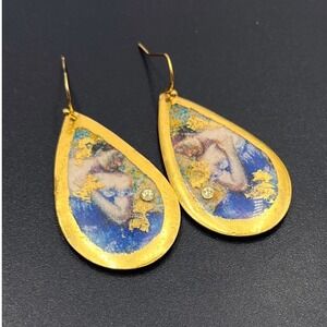 Unsigned Monet Art Inspired Water Lilies Teardrop Dangle Earrings Blue Gold Tone
